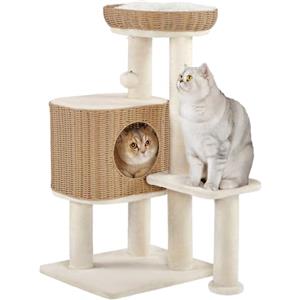 Yaheetech Albero Tiragraffi per Gatti XXL in PE Rattan Piattaforma e Casetta 10kg con Cuscini Ideale per Gatti Grandi 91×49×41 cm Beige