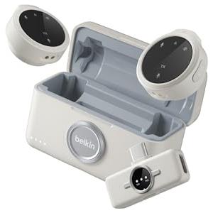 Belkin Stage Microfono Wireless a clip, 2 Microfoni Lavalier Omnidirezionali per Video Social per iPhone, Android, 24 bit/48 kHz, Batteria da 36 ore, Riduzione del rumore, per YouTube, Podcast e Vlog