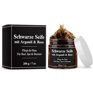 MEITREND Sapone nero del Marocco, 200 g, con olio di argan e estratto di rosa, sapone di hammam per una pulizia profonda, esfoliante e idratante, sapone nero per bagno, doccia, spa e cura del corpo