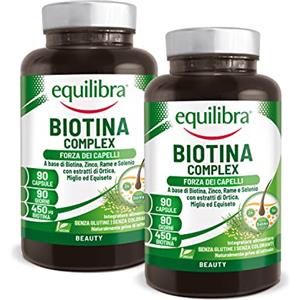 Equilibra Biotina Altodosata 450 mcg, per Capelli e Unghie, con Zinco, Rame, Selenio, Estratti di Ortica, Miglio, Equiseto, Vegan, Senza Glutine, Privo di Lattosio, 2 Pezzi da 90 Capsule