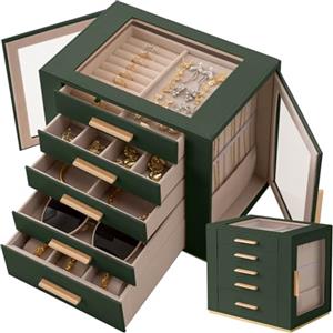 Granbest - Portagioie a 5 livelli con coperchio in vetro, organizer per gioielli ad alta capacità con cassetti e specchio, portagioie in PU per collane, orecchini, anelli, bracciali (verde scuro)
