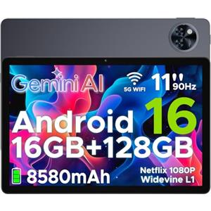 DOOGEETab U11 Android 16 Tablet 11 Pollici Gemini AI 16GB RAM +128GB ROM (2TB TF) 8580mAh, Unisoc T7200 Octa-Core 13MP+5MP Gaming Tablet PC WIFI 5/ GMS/ WidevineL1/GPS/Face ID/OTG/ 3.5mm Audio,Grigio