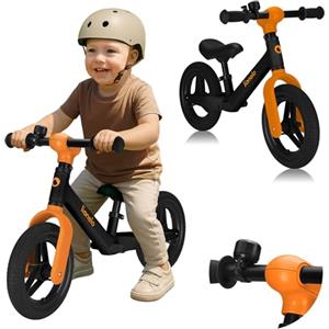 LIONELO Bicicletta Senza Pedali TONI Per Bambini da 18 mesi a 30kg Ruote in Gomma PU da 25cm Poggiapiedi Cestino Sella e Manubrio Regolabili Impugnatura Antiscivolo Leggero Campanello (Nero Arancione)