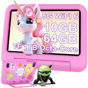 DEERTiME AI Tablet per Bambini Andorid OS Tablets 7 Pollici 10GB RAM + 64GB ROM (TF 1TB), 5G WiFi 6, BT5.0, 8-Core, Controllo Parentale | Doppia Fotocamera | GMS Certificated | GPS | Tablet con Custodia - Rosa