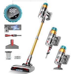Tdyon 60Kpa&600W Aspirapolvere Senza Fili, 75Mins Scopa Elettrica Senza Aspirapolvere Senza Fili Potente, 11 Stadi Filtrati con supporto di ricarica da parete/Schermo OLED Smart, Anti-Avvolgimento (oro)