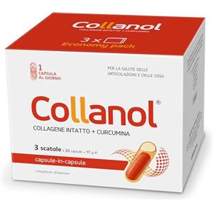 Collanol: Contribuisce alla normale funzione della cartilagine (articolare). Formula liquida in capsula doppia. Collagene 3D+curcumina micellare+vit.D+C+rame+manganese. 1caps al dì (20 caps)