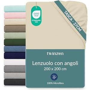 Twinzen Lenzuola Angoli Matrimoniale 200x200 cm, Beige, Oeko-Tex