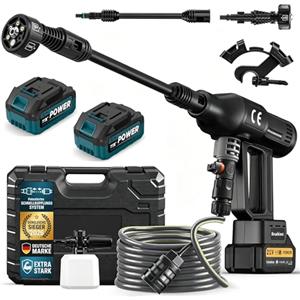Purova Idropulitrice a batteria, 120 bar, con 2 batterie da 4,0 Ah, pulitrice a pressione senza spazzole da 1500 W, con 4 livelli di pressione, 600 l/h, touch screen, ugello 6 in 1 e tubo da 5 m, per auto