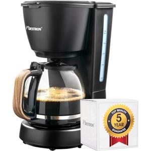 Bestron Macchina da Caffè a Filtro 1,5 L per 10 Tazze, con Caraffa in Vetro, Filtro Permanente e Piastra Riscaldante, 1000 W, Design Black & Wood, Nero/Legno, ACM900BW