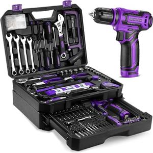 DEKO Set di attrezzi da 238 pezzi con trapano a batteria 12 V, rosa, avvitatore elettrico, kit di base per riparazioni a casa (viola)