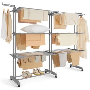 SONGMICS Stendibiancheria, Stendino Pieghevole a 4 Livelli, con Ruote e Ali Richiudibili，63,5 x (131-200) x 177,5 cm，Capiente, Uso Interno ed Esterno，Grigio Tortora LLR704G01