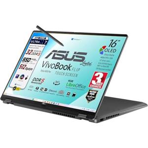 ASUS Vivobook 16 Flip OLED Touch 16, Ultra 7 258V, 32 Gb, Ready to use | Intel AI Boost NPU, Ram 32GB DDR5 8533MHz, Display OLED Touch screen, SSD 512GB, Win11, Tastiera Retroilluminata + Stylus Pen