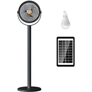 Beatanug Ventilatore da pavimento compatto a energia solare con 5 velocità, ventilatore a colonna ricaricabile tramite USB, flusso d'aria regolabile a 360° e luce LED per esterni, casa, ufficio, campeggio