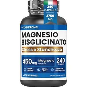 Vitastrong. Magnesio Bisglicinato 3750mg, 240 Capsule, Vitamina B6, 450 mg Elementare | Magnesio Glicinato, Integratori Stanchezza, Magnesio Bisglicinato Puro, Magnesium Glycinate, Magnesio Bisglicinato Capsule