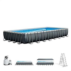 Intex 26374NP - Piscina Fuori Terra Ultra XTR Frame Rettangolare, Pompa Filtro 10500 L/h, Scaletta, Telo Base e Copertura, 54368 L, Acciaio e PVC, Grigio, 975x488x132 cm
