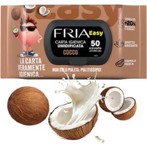 Fria Easy Carta Igienica Umidificata al Cocco con Effetto Idratante, Tessuto Gettabile nel WC, Dermatologicamente Testate, Confezione da 50 Salviette