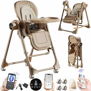 Magic ZC Elettrico Bluetooth Intelligente Pelle PU Seggiolone per Bambini Sedia da Pranzo per Pappa Regolabili Pieghevole Convertibile Multifunzionale con Doppi Vassoi Staccabili e Ruote (E8121 Khaki)