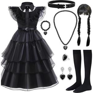 YUVATERA Vestito nero Halloween per ragazza, 8 pezzi, costume da bambino, costume mercoledì Addams, gotico Lolita, età 7-8 anni, 130 cm, 140 cm (140)