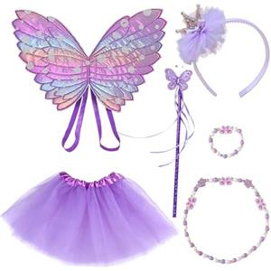 DKDDSSS DKDKDDSSS Viola Costume Fatina, Ali di Fata, Bacchetta da Fata, Ragazza Paillettes Tiara Corona, Collana e Bracciale con Perline a Farfalla,Tutù, per Feste A Tema Carnevale O Fata Cosplay