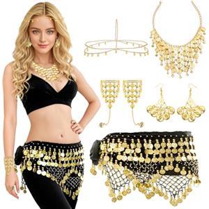 Baisdan 7 Pezzi Cintura e Sciarpe di Danza del Ventre Set, con Orecchini, Collana, Braccialetti, Copricapo a Monete d'oro, per Halloween, Carnevale, Spettacoli Nero