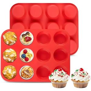 HUZNA 2 Pezzi Teglia Muffin Antiaderente con 12 Stampo Muffin,Riutilizzabili Silicon,Rivestimento Antiaderente,per Brownies,Budini,Cupcake,Mini Muffin,30 x 22 x 3 cm