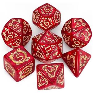QMAY, Set di dadi poliedrici per Dungeon e Dragons MTG RPG D&D D20, D12, D10, D%, D8, D6, D4 (7 pezzi con motivo drago rosso)