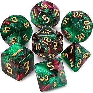 QMAY Dadi da gioco poliedrici, 7 dadi (verde e rosso + glitter)