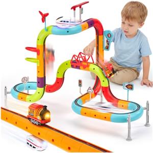 hahaland Trenino Elettrico per Bambini 64 Pezzi, Set STEM Pista Trenino 3D