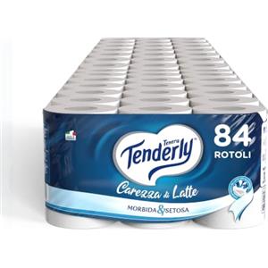 Tenderly Carezza di Latte, 84 Rotoli di Carta Igienica Morbidissima (14 conf da 6 rotoli), 2 Veli, Realizzata con Fibre 100% Naturali di Latte, Made in Italy
