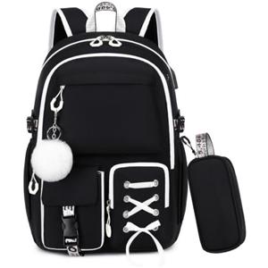 Byitin 2 Pezzi Zaino Scuola Elementare Bambina con Astuccio, Impermeabile Zaini per Bambini dalla Prima alla Quinta Elementari, Grande Zainetto Ragazza per Scuola, Nero