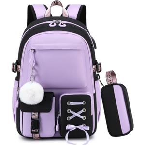 Byitin Zaino Scuola Elementare Ragazze Bambina, Ergonomico Zaini Bambini 2 Pezzi, Set Zainetto Elementari Zaino con Astuccio, Leggero Cartella Scuola per Viaggi, Attività all'aperto, Nero-Viola