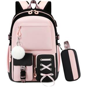 Byitin Zaino Scuola Elementare Bambina, 2 Pezzi Zaini Bambini con Astuccio, 25 Litri Zainetto Ragazza per Scuola Kawaii con Ciondolo, Nero-Rosa