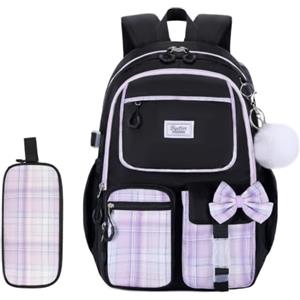 Byitin Zaino Scuola Elementare Bambina 2 Pezzi con Astuccio, Zaino Impermeabile e anti Sudore Schiena per Media Ragazza e Bambini Elementari, Zaini da Viaggio Gita con Tasca Antifurto, Nero-viola