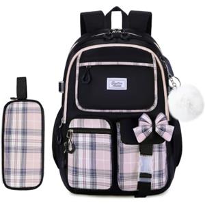 Byitin Set di 2 Zaino Scuola Bambina per Elementare e Media Ragazza con Astuccio, Zaino Grande, Leggero e Impermeabile per Scuola da Viaggio Weekend, Zaini Ergonomico per 8-16 anni, Nero e Rosa