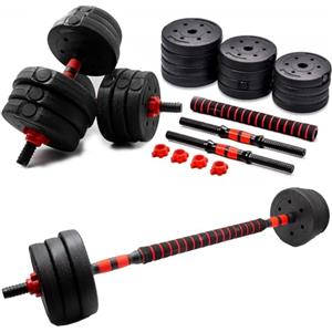 molti Set di 2 manubri in cemento bitume, 2 in 1, 2 manubri da 10 kg o bilanciere da 20 kg, con 4 chiusure a stella per allenamento della forza (nero-rosso, 2 x 10 kg)