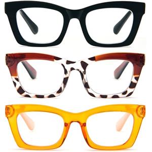 Kodilin 3 Pacco Occhiali da Lettura Vintage Oversize Square Frame Grande Retrò Quadrati Rettangolar Anti Luce Blu per Donna Cerniera a molla Nero+Leo+Arancione 2.5