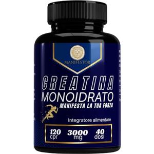 MANIFESTOR Creatina Monoidrata Pura 120 Compresse 3000mg - Aumenta Performance, Forza e Recupero Muscolare - Per la Normale Crescita della Potenza Muscolare