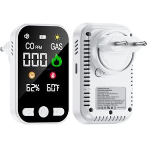 TOONKE 4 in 1 Plug in Rilevatore di Monossido di Carbonio, Allarme CO Portatile, Rilevatore di Gas con Batteria Ricaricabile Integrata da 1000 mAh e Schermo HD [CO Temp Umidità] - Norma EN 50291 - Bianco