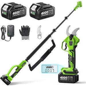 TaskStar Forbici Potatura a Batteria 2 in 1: 40mm Forbici Potatura Elettriche con Asta Telescopica, 2 Batterie da 4000mAh, Lama SK5 Extra, Motore Brushless, 4 Modalità di Taglio per Fiori e Alberi