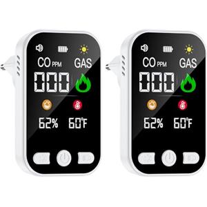 TOONKE 4 in 1 Plug in Rilevatore di Monossido di Carbonio(2Pack),Allarme CO Portatile, Rilevatore di Gas con Batteria Ricaricabile Integrata da 1000 mAh e Schermo HD [CO Temp Umidità]-Norma EN 50291-Bianco