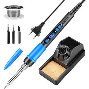 BOSYTRO Kit Saldatore, Saldatore 90w Alta Efficienza, Regolaz. Temp. Lcd 180-500℃. Dotato Di 3 Punte, Filo Di Stagno, Supporto, Copertura Protettiva & Modalità Sospensione Auto (Blu)