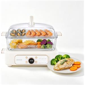 VEVOR Vaporiera Elettrica 6 Litri in Vetro 1200W Verdure Pesce Riso Carne, Cottura a Vapore per Alimenti, Frutti di Mare, Vaporiera con Programmi Preimpostati, 2 Vassoi Acciaio Inox, Colore Bianco