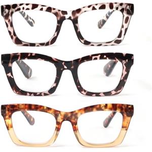MMOWW 3 Pacco Occhiali da Lettura Donna Rettangolari - Oversize Square Frame Anti Luce Blu Occhiali leo marrone +2.5