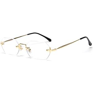 LIGOES - Occhiali da sole rettangolari da uomo, senza montatura, occhiali da sole ottagonali, piccoli, occhiali da donna, metallo, oro, poligono, blu, marrone uv400, Oro con chiarezza