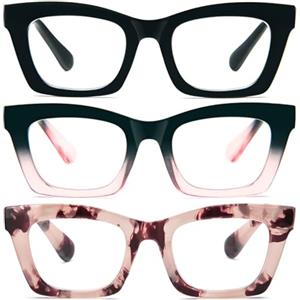 KoKoBin 3 Pack Occhiali da lettura per donna, occhiali da computer oversize alla moda con dalla luce blu e cerniera a molla (Nero/Nero Rosa/Rosa leopardata, 3, x)