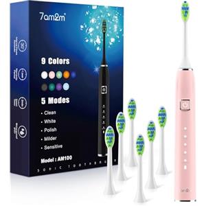 7AM2M Schall - Spazzolino elettrico con 5 modalità, durata della batteria | Tipo-C, ricaricabile, 40.000 VPM, Smart Timer, spazzolino elettrico per adulti e bambini, 6 testine, rosa