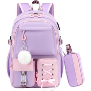 Byitin 2 Pezzi Zaino Scuola Elementare Bambina Bambini, Set Zaini Zainetto Ragazza Elementare Bambinas di 7-16 anni con Astuccio, Cartella Scuola per Scuola Primaria e Media, Viola-Rosa