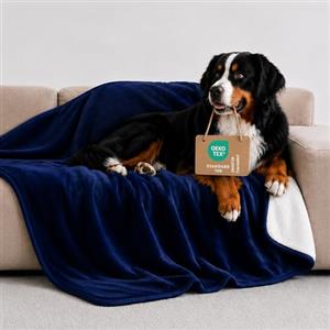 Twinzen Coperta Impermeabile per Cani 100x120 cm Blu Navy - Copridivano e Copriletto Reversibile in Pile Sherpa - Telo Impermeabile per Letto o Divano Lavabile