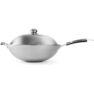 HENDI 239773 - Padella Wok in acciaio inox con manico, Acciaio Inossidabile, ø360x180mm