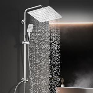 Görbach Colonna Doccia senza Miscelatore, Colonna Doccia Acciaio Inox con Saliscendi Doccia Altezza Regolabile 74-114cm, Set Doccia a Pioggia con Doccetta e Mensola, Soffione 30x30cm, Cromo